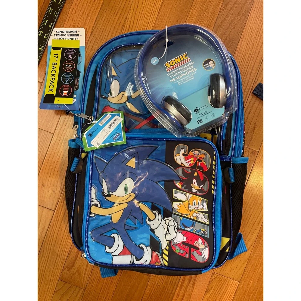 Sonic the Hedgehog 4 Piece Backpack Set Lunch Tote Headphones Blue 17 Inch